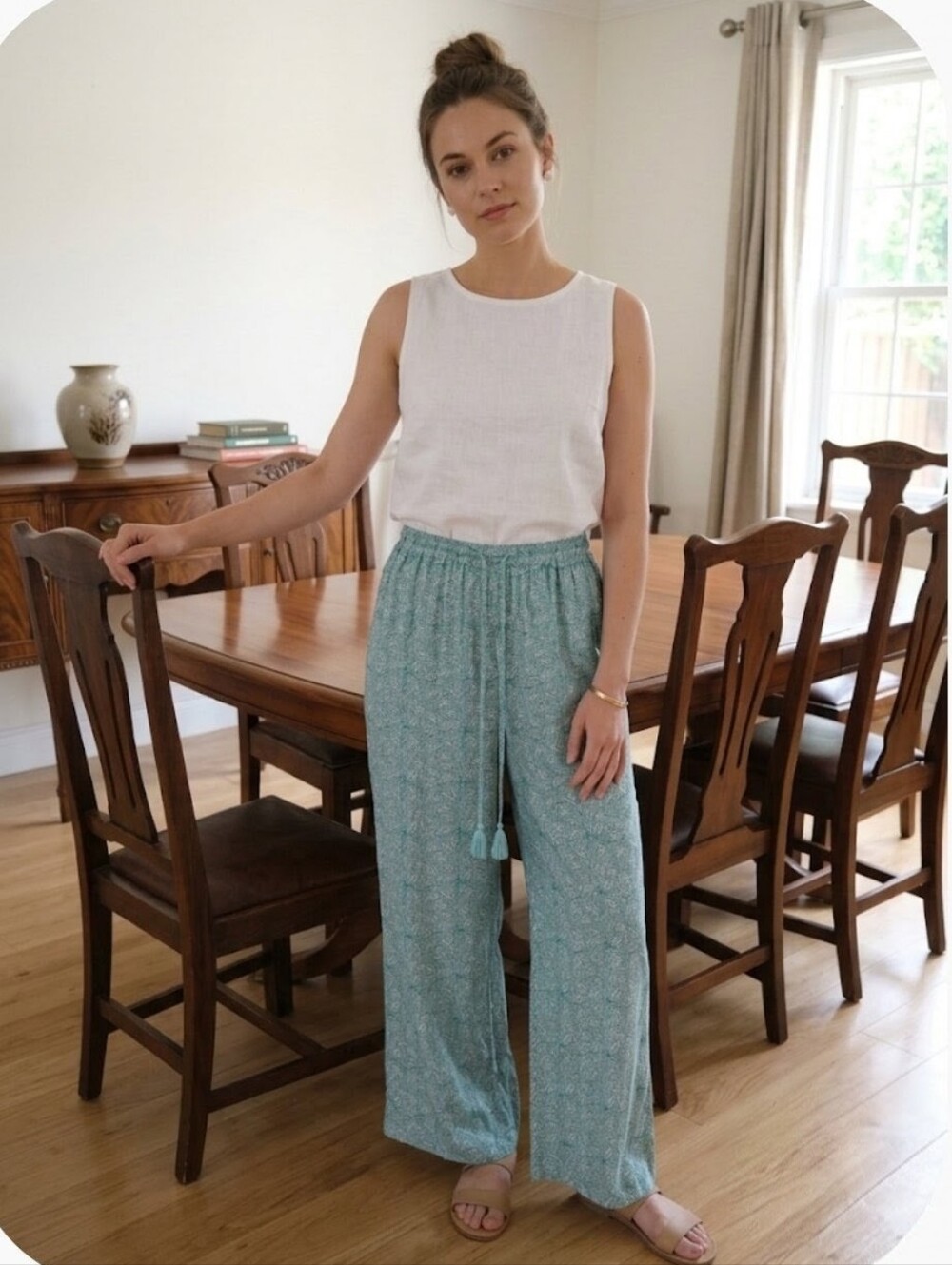 Zen Ethic Boho Leaf Print 100% Cotton Lightweigh Teal Wide-Leg Drawstring Pants